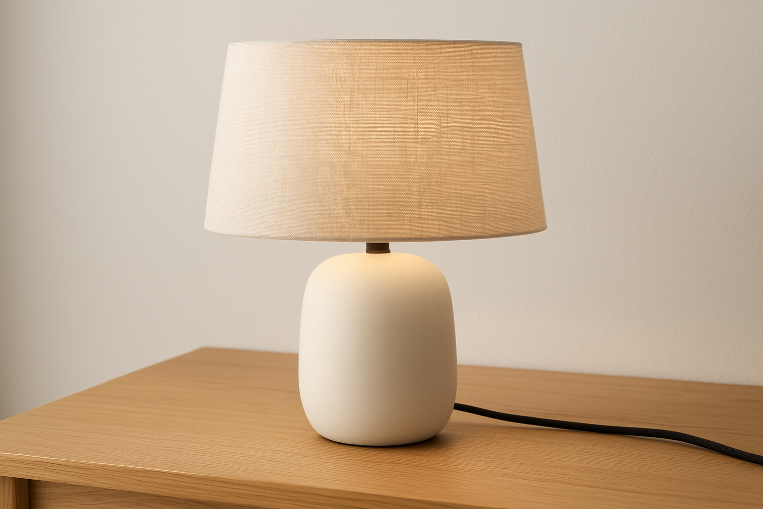 Luminária de Mesa Base Cerâmica Branca com Cúpula Linho