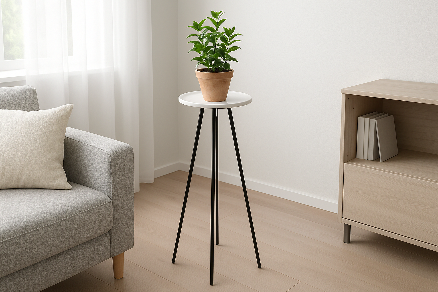 Suporte para Plantas Tripé Metal Preto com Base Cerâmica 70cm