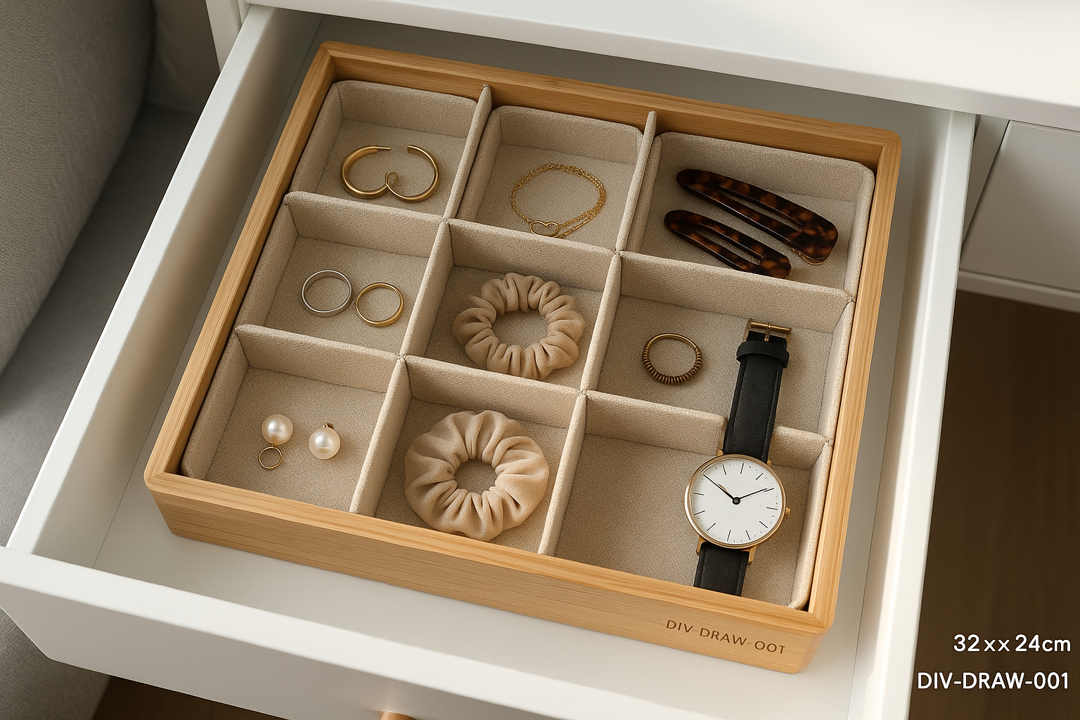 Organizador de Gaveta Bambu com 8 Divisórias Ajustáveis 32x24cm