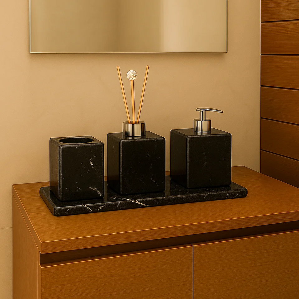 Kit Acessório para Banheiro em Mármore Preto Exótico - Luxo Natural