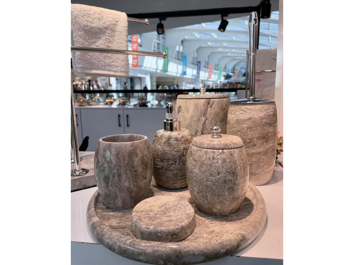 Conjunto de banheiro turco clássico com 8 peças de travertino prateado