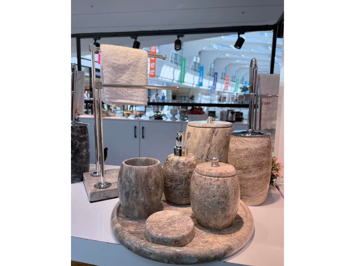 Conjunto de banheiro turco clássico com 8 peças de travertino prateado